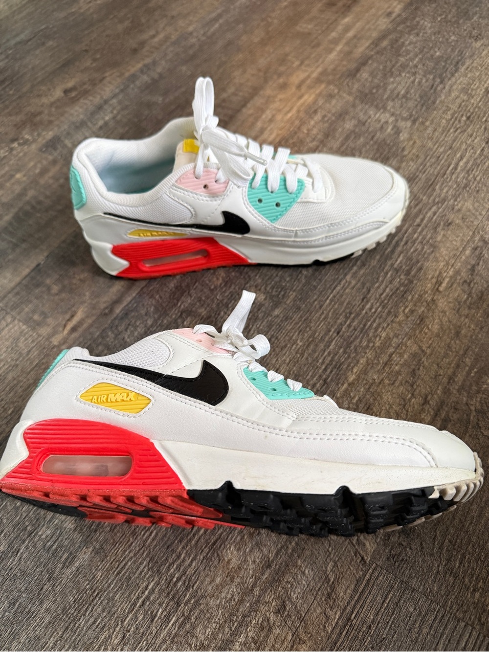 Nike Air Max 90s WhiteSneakers with Coral, Mint & Yellow Accents